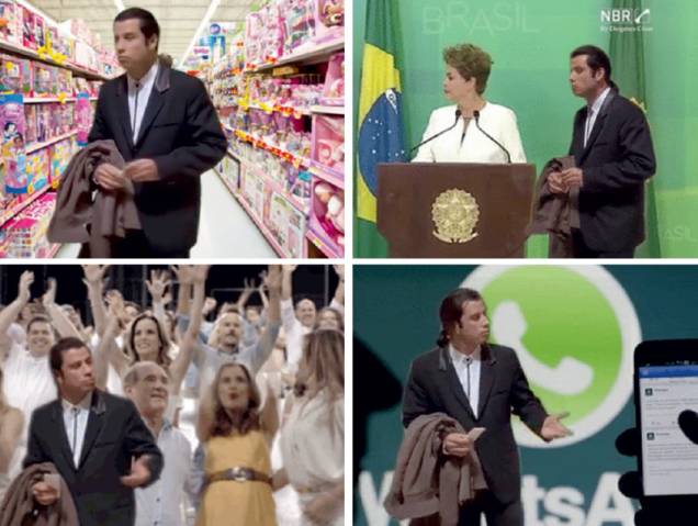 Um dos maiores sucessos no Facebook nas últimas semanas, a cena de um confuso John Travolta, retirada do filme Pulp Fiction, estampou uma sucessão de piadas animadas, uma mais hilariante que a outra. Elas colocavam o personagem Vincent Vega nos cenários mais bizarros, como a seção de brinquedos de um supermercado. Por aqui, ele despontou ao lado da presidente Dilma, na mensagem de fim de ano da Rede Globo e na proibição judicial do WhatsApp, no último dia 17