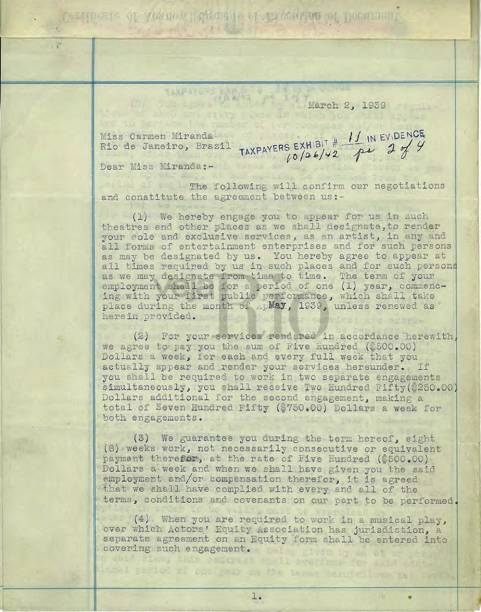 Primeiro contrato assinado por Carmen com Lee Shubert, através do consulado dos EUA, em 1939