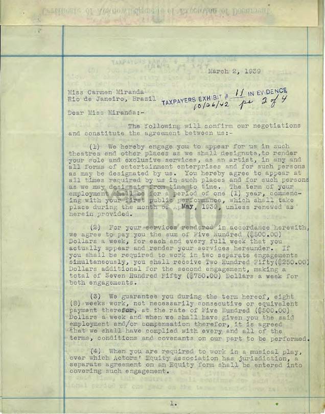 Primeiro contrato assinado por Carmen com Lee Shubert, através do consulado dos EUA, em 1939