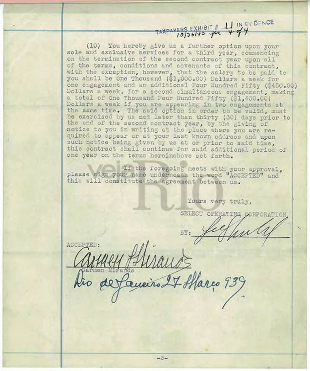 Primeiro contrato assinado por Carmen com Lee Shubert, através do consulado dos EUA, em 1939