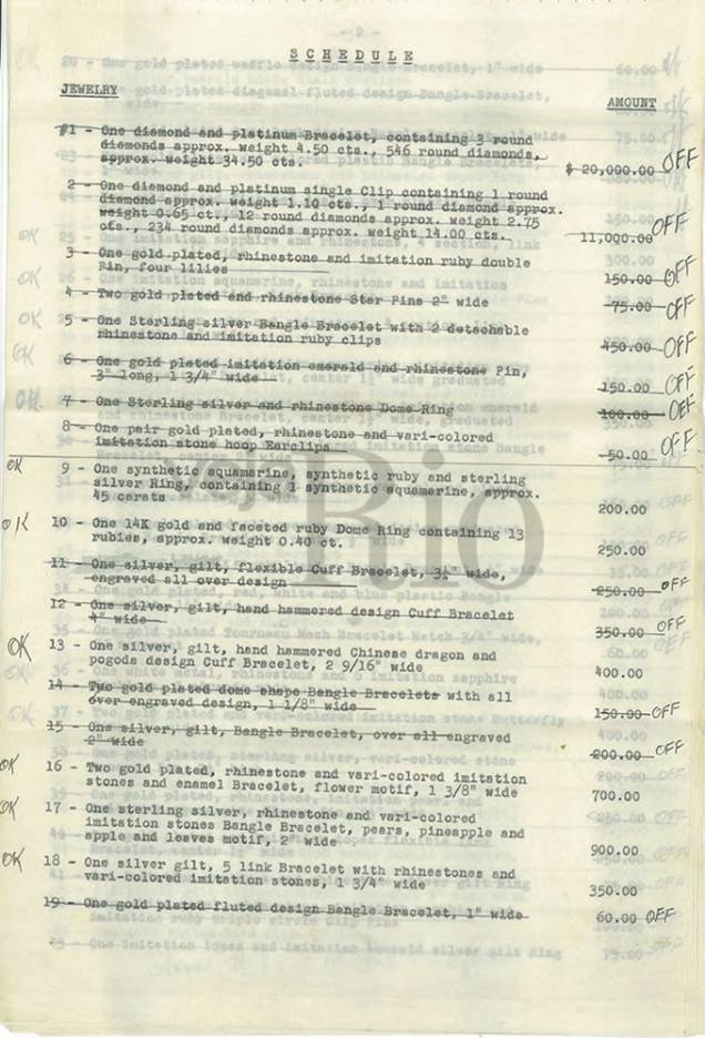 Apólice de seguro de jóias, roupas e bijuterias de Carmen, avaliados de 116.790 mil dólares em 1953