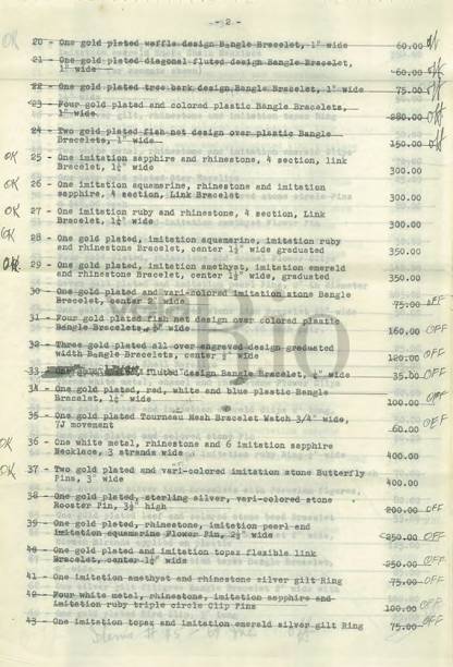 Apólice de seguro de jóias, roupas e bijuterias de Carmen, avaliados de 116.790 mil dólares em 1953