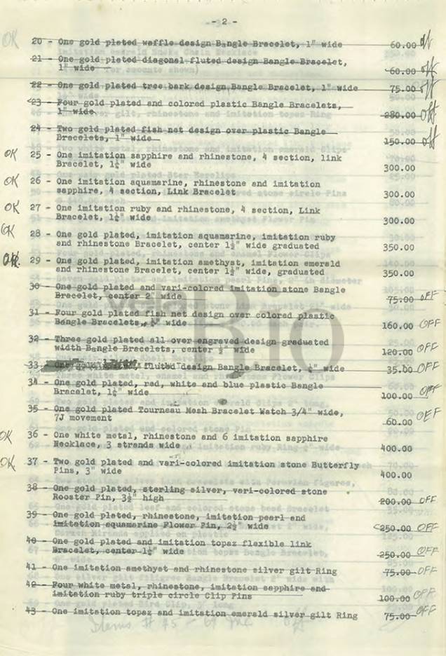 Apólice de seguro de jóias, roupas e bijuterias de Carmen, avaliados de 116.790 mil dólares em 1953