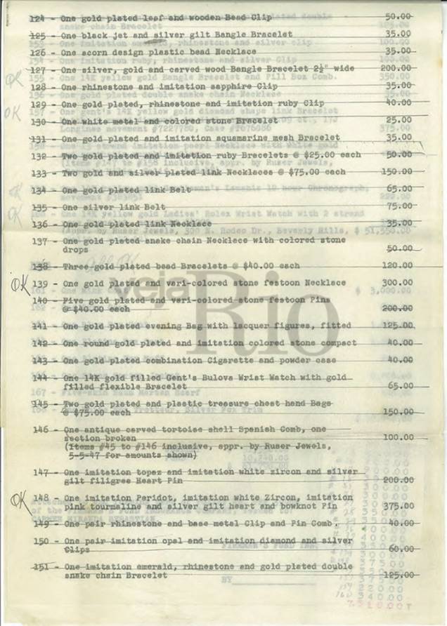Apólice de seguro de jóias, roupas e bijuterias de Carmen, avaliados de 116.790 mil dólares em 1953