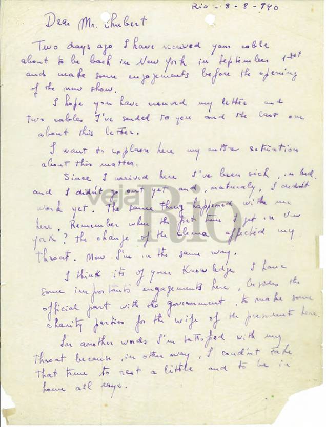 Carta escrita por Carmen em que ela reclama das condições de vida com Lee Shubert