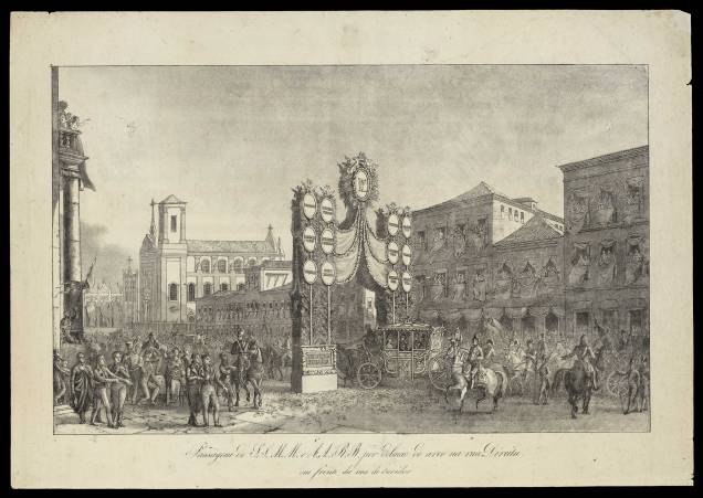 Passagem de I. S. M. M. e A. A. R. R. por debaixo do arco da rua Direita, em frente da rua de Ouvidor - Taunay, Thomas Marie Hippolyte Passagem de I. S. M. M. e A. A. R. R. por debaixo do arco da rua Direita, em frente da rua de Ouvidor - Taunay, Thomas Marie Hippolyte