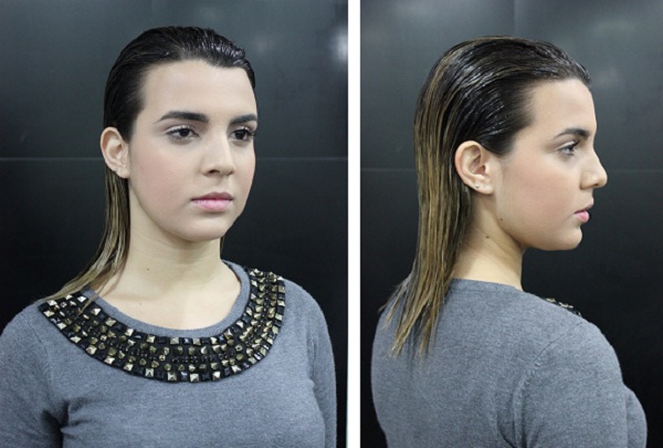 Finalize penteando os fios para trás com um pente bem fino, deixando-os bem alinhados. Esse penteado confere um ar futurista e elegante à mulher.<br>