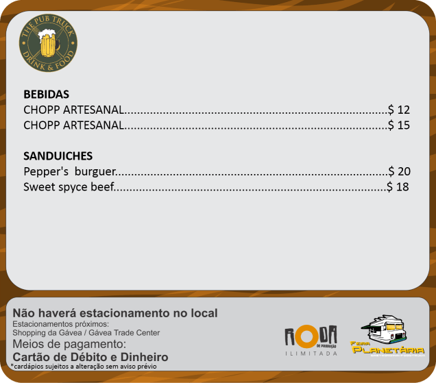 Cardápios the pub truck julho Cardápios the pub truck julho