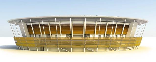 Visão externa do centro de tênis que será construído no Parque Olímpico.<br>