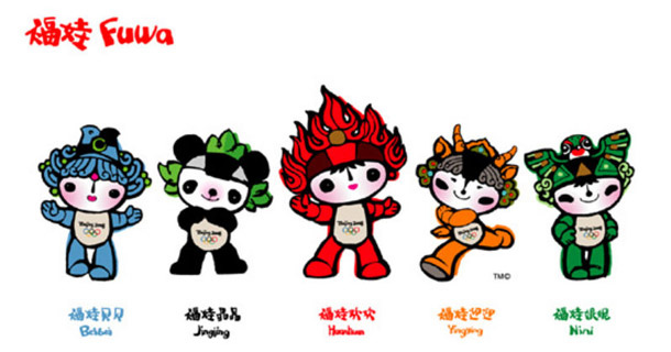 Cada um dos cinco mascotes chineses remete a um animal, a um anel olímpico e a um elemento: Beibei (peixe), Jingjing (panda), Huanhuan (chama olímpica), Yingying (antílope tibetano) e Nini (andorinha)<br>