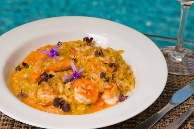 Risoto de camarão com alho poró está entre as opções de prato principal da casa<br> Risoto de camarão com alho poró está entre as opções de prato principal da casa<br>