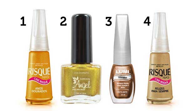 (1) Esmalte Anos Dourados (R$ 2,75*), da Risqué; (2) esmalte com brilho Beatrix (R$ 10*), da Sancion Angel; (3) esmalte cintilante Monalisa (R$ 2,60*), da Lumi; e (4) esmalte Felizes Para Sempre (R$ 2,75*), da Risqué<br>