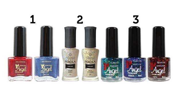 (1) Linha de esmalte Premium (R$ 10*), da Sancion Angel; (2) linha Pérloa, da marca Eliana (R$ 2*); e (3) coleção Flakies tem verde, vermelho e azul, com flocos irregulares na fórmula que promovem efeitos diferentes de acordo com a incidência de luz (R$ 1<br>