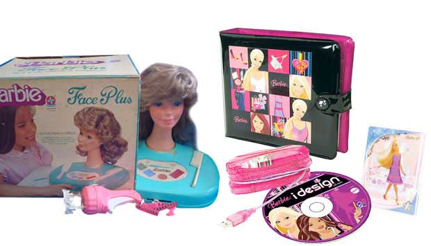 Nos anos 80, as meninas podiam ser cabeleireiras e maquiadoras com os brinquedos Barbie Hair e Barbie Face: bustos da boneca para pentear e maquiar. Agora, elas são estilistas com a Barbie. O Kit Idesign, da Mattel, permite usar cartas de roupinhas, com u<br>