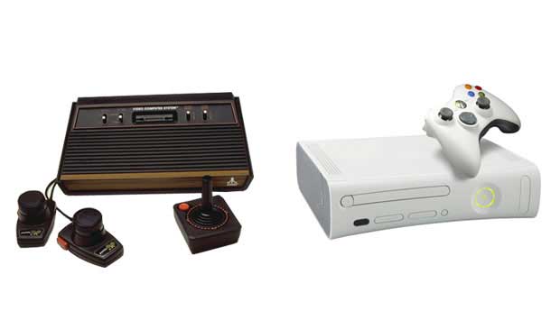 O videogame Atari foi lançado em 1977 nos Estados Unidos e foi o primeiro com cartuchos, o que permitia jogar centenas de jogos. Pac Man ou Space Invaders foram alguns dos jogos que ele consagrou. Mas cartuchos já são coisa do passado. Hoje o Xbox 360, da<br>