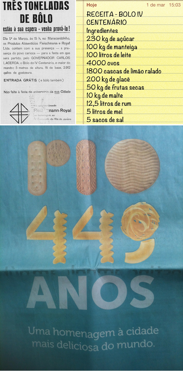 Receita do bolo do IV Centenário e anúncio da Piraquê parabenizando os 449 anos do Rio de Janeiro