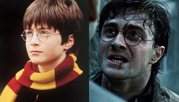Daniel Radcliffe como Harry Potter em Harry Potter e a Pedra Filosofal, de 2001, e em Harry Potter e as Relíquias da Morte: Parte 2, de 2011<br>