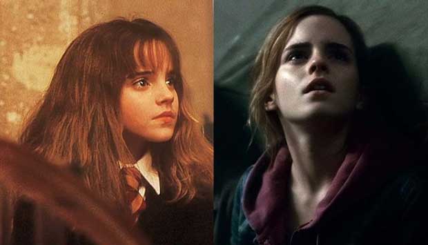 Emma Watson como Hermione em Harry Potter e a Pedra Filosofal, de 2001, e em Harry Potter e as Relíquias da Morte: Parte 2, de 2011<br>