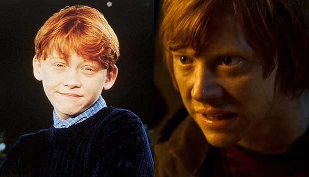 Rupert Grint como Ron em Harry Potter e a Pedra Filosofal, de 2001, e em Harry Potter e as Relíquias da Morte: Parte 2, de 2011<br>
