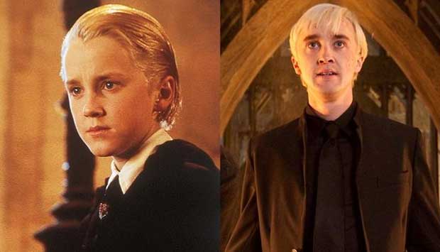 Tom Felton como Draco Malfoy em Harry Potter e a Pedra Filosofal, de 2001, e em Harry Potter e as Relíquias da Morte: Parte 2, de 2011<br>