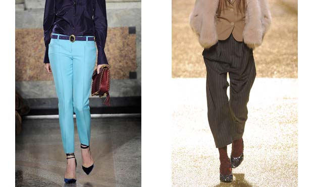 Emilio Pucci e Vivienne Westwood também fizeram modelos com a barra curta, acima do tornozelo. Emilio Pucci (à esquerda) investiu na calça de alfaiataria com cintura baixa e silhueta justa, enquanto Vivienne Westwood (à direita) preferiu cintura alta e si<br>