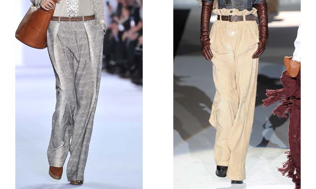 Tanto Chloé (à esquerda), quanto Dsquared2 (à direita) investiram nas calças mais larguinhas e confortáveis.<br>