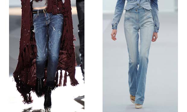 A Dsquared2 (à esquerda) levou às passarelas uma lavagem com cara de nova e algumas falhas para descontrair. O modelo é de cintura baixa e colado desde as coxas até a canela. Just Cavalli (à direita) fez o oposto: a lavagem é bem clarinha, cintura alta e<br> A Dsquared2 (à esquerda) levou às passarelas uma lavagem com cara de nova e algumas falhas para descontrair. O modelo é de cintura baixa e colado desde as coxas até a canela. Just Cavalli (à direita) fez o oposto: a lavagem é bem clarinha, cintura alta e<br>