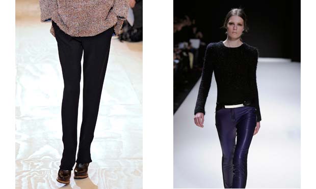 Materiais diferentes para ocasiões distintas, mas tanto Jil Sanders (à esquerda) quanto Pedro Lourenço (à direita) fizeram modelos bem justinhos de calça.<br> Materiais diferentes para ocasiões distintas, mas tanto Jil Sanders (à esquerda) quanto Pedro Lourenço (à direita) fizeram modelos bem justinhos de calça.<br>