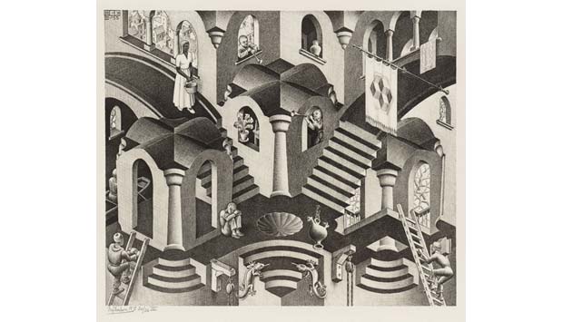 1955, de Maurits Cornelis Escher, integrante da mostra O Mundo Mágico de Escher. A mostra mais vista no mundo em 2011 é a quarta mais visitada da história do CCBB<br>