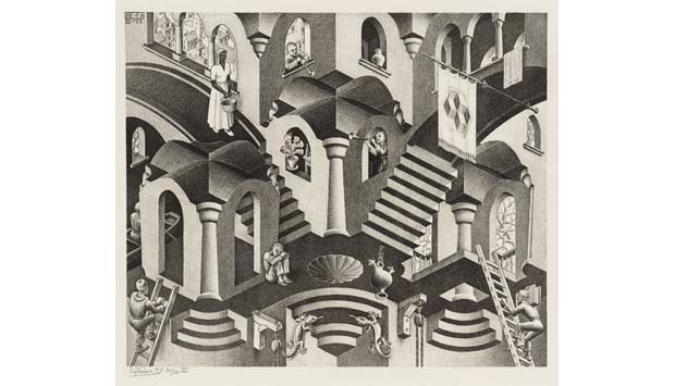 1955, de Maurits Cornelis Escher, integrante da mostra O Mundo Mágico de Escher. A mostra mais vista no mundo em 2011 é a quarta mais visitada da história do CCBB<br> 1955, de Maurits Cornelis Escher, integrante da mostra O Mundo Mágico de Escher. A mostra mais vista no mundo em 2011 é a quarta mais visitada da história do CCBB<br>