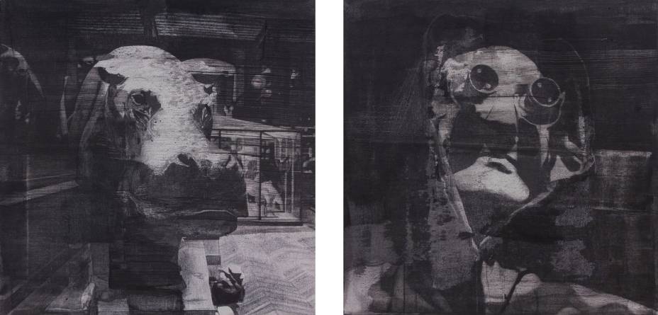 Andam em Pares, de Bruno Belo em exposição na Galeria de Arte Ibeu: acrílica e grafite em pó sobre tela