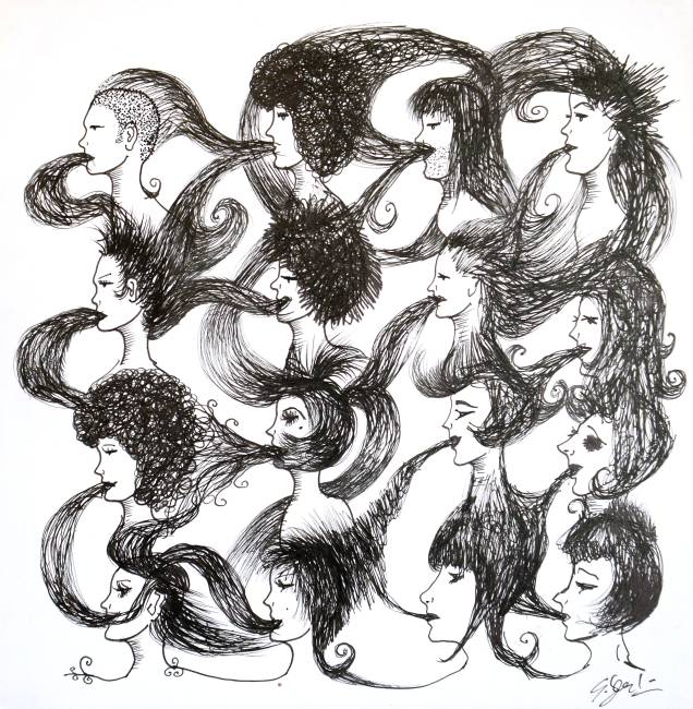 Obra de Guilherme Secchin: inspiração no tema de cabelos e perucas