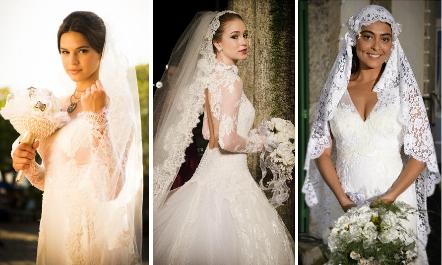 Noivas vestidas por Lethicia Bronstein na ficção: Bruna Marquezine, Marina Ruy Barbosa e Juliana Paes
