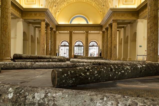 Tombo, de Rodrigo Braga: instalação com troncos de pal­mei­ras-im­pe­riais que se espalham pelo salão central da Casa França-Brasil