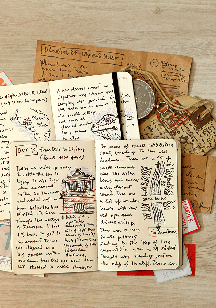 Handwritten travel diary, drawing journal storytelling, memories, souvenirs, adventurous journeys