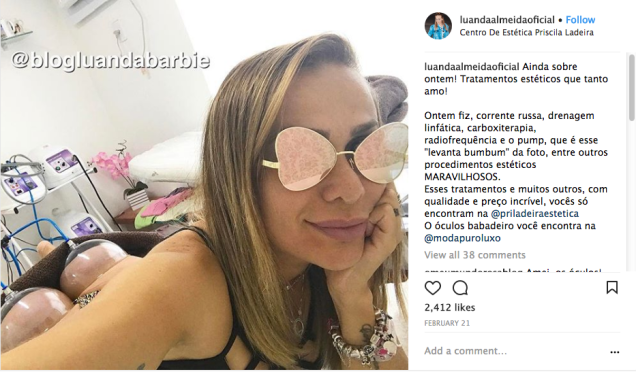 Ela costuma ganhar tratamentos corporais e faciais em troca de divulgação Ela costuma ganhar tratamentos corporais e faciais em troca de divulgação