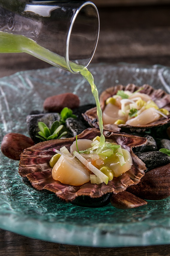 Vieiras, sagu, pimenta, uva-verde, rabanete, maçã, abacate, pepino, aguachile Vieiras, sagu, pimenta, uva-verde, rabanete, maçã, abacate, pepino, aguachile