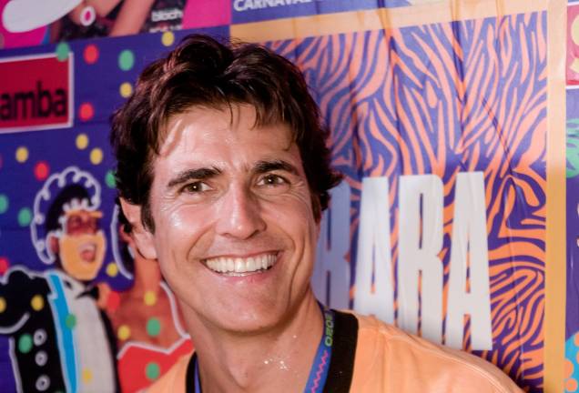 Reynaldo Gianecchini:o ator se divertiu com amigos na frisa e não perdeu um detalhe das escolas de samba que atravessaram a avenida no domingo (23)