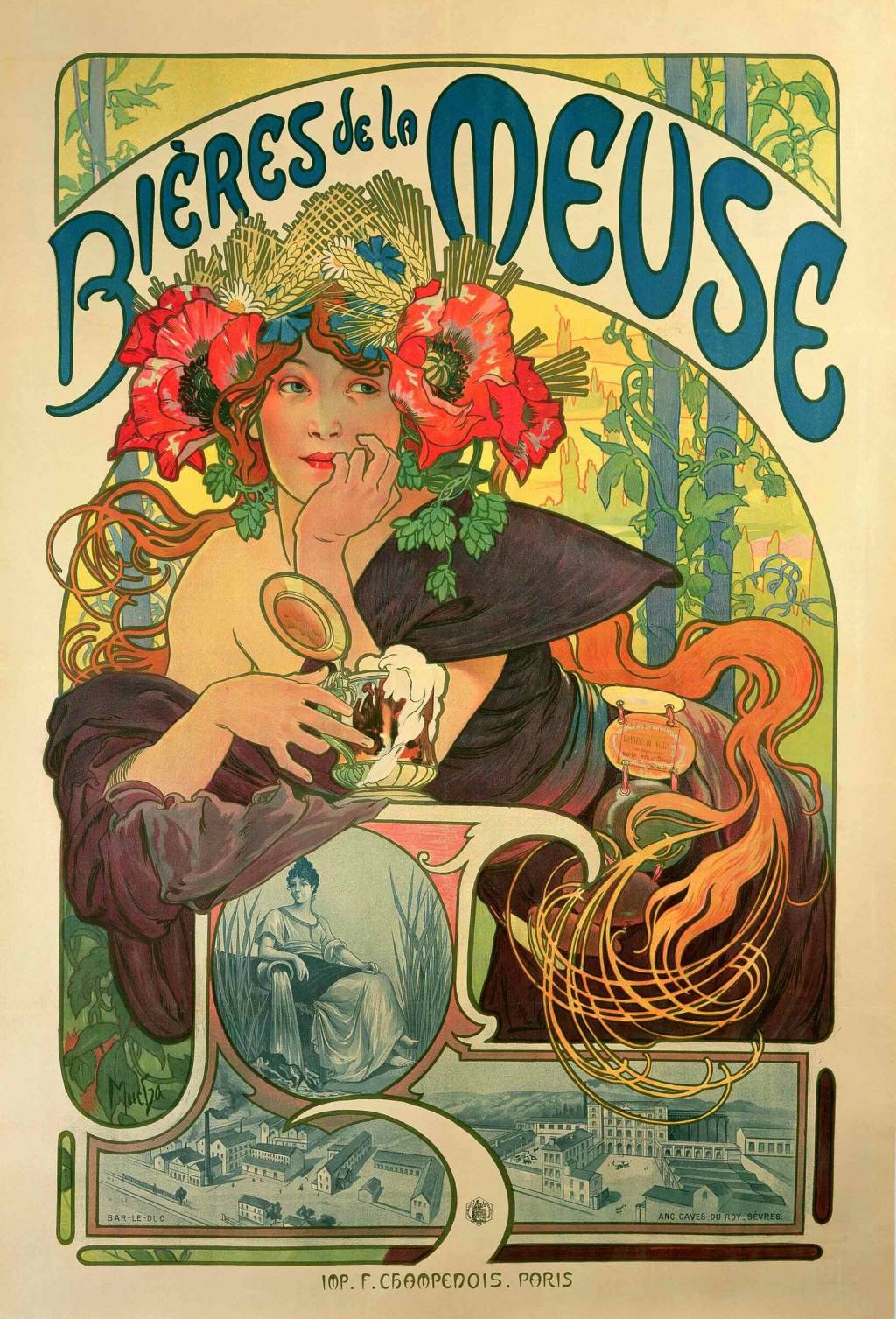 cartaz colorido, com traços da art nouveau, traz desenho de mulher com a mão no queixo e um copo de cerveja