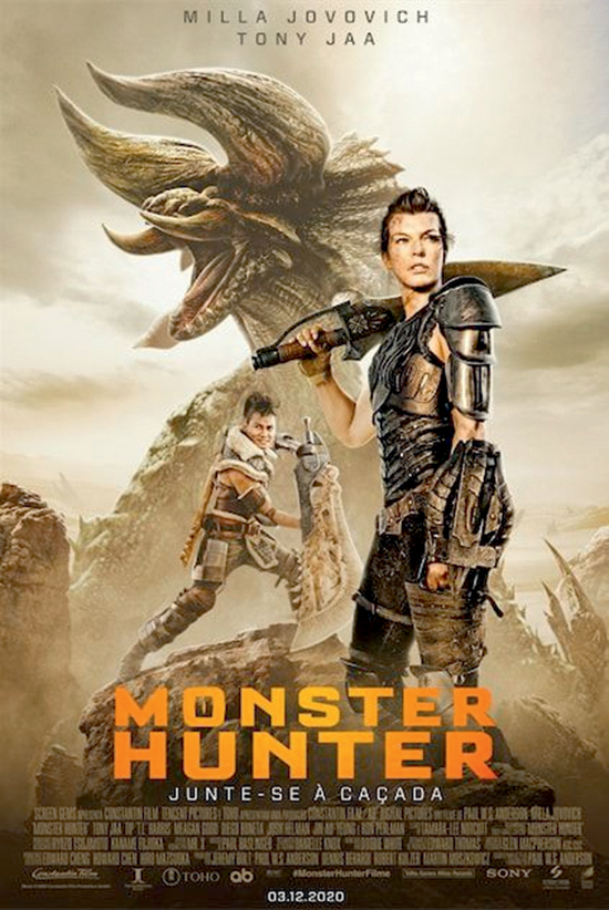 Cartaz do filme Monster Hunter mostra Milla Jovovich, vestida com armadura de guerreira, um outro guerreiro ao fundo e a imagem de um monstro