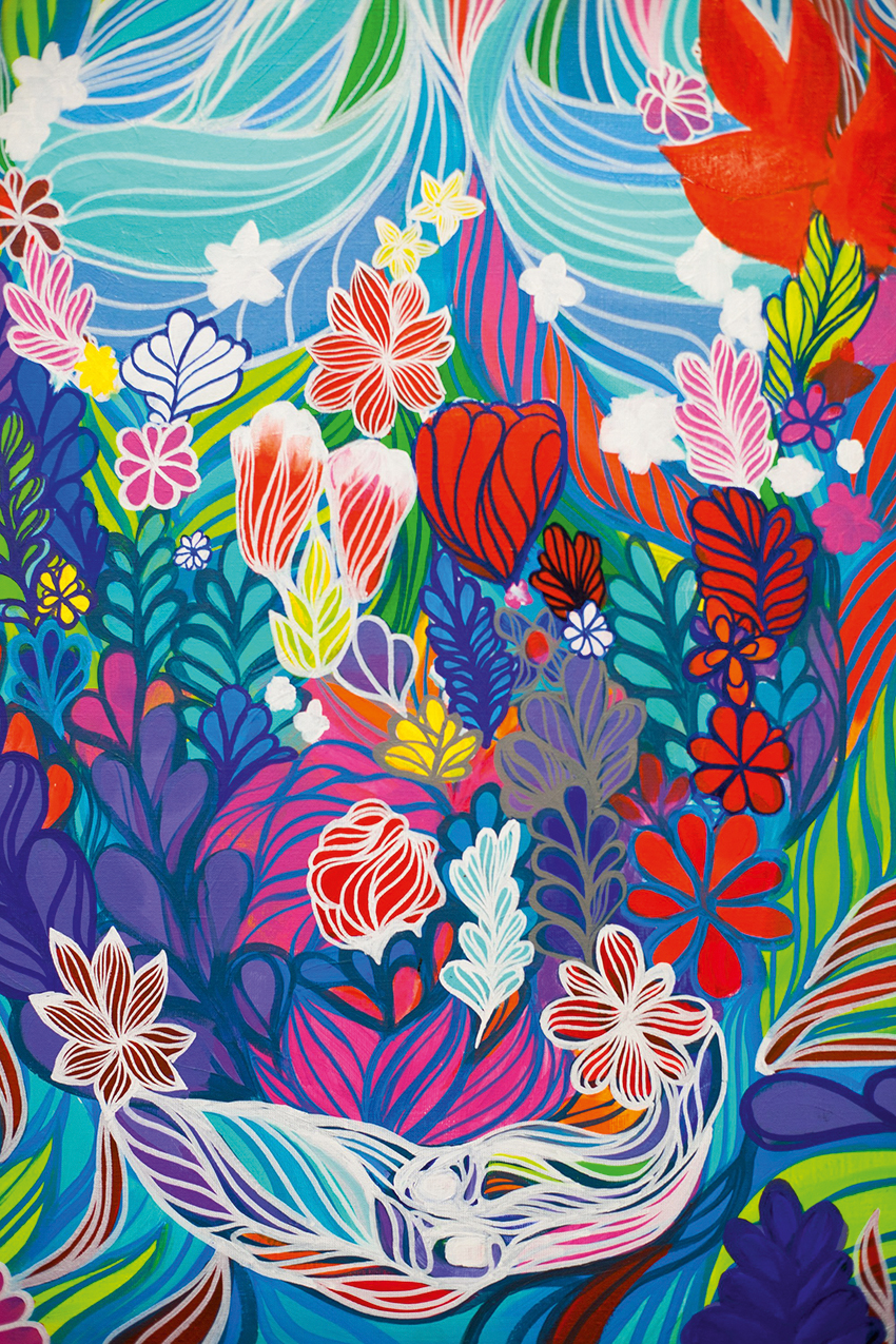 quadro de bruno big com flores e linhas multicoloridas
