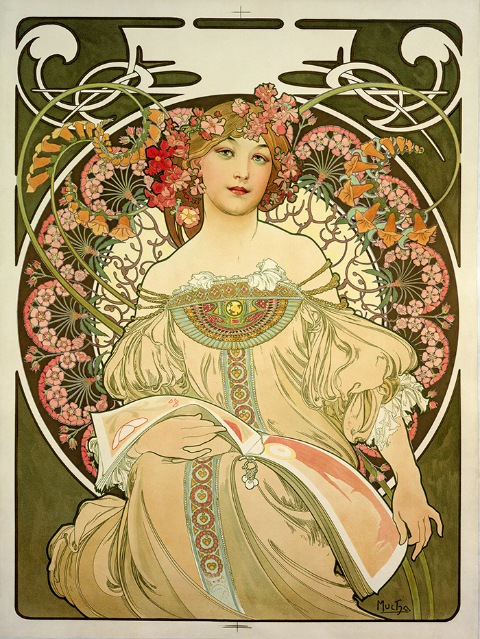 Cartaz mostra desenho de mulher ornamentada com flores em tons pastel