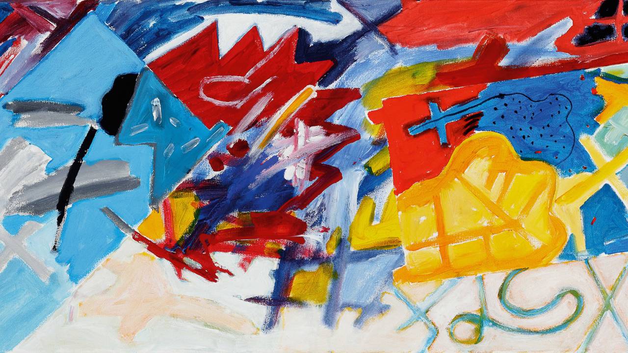 Pintura abstrata com muitas cores, como vermelho, branco, amarelo e azul, e linhas