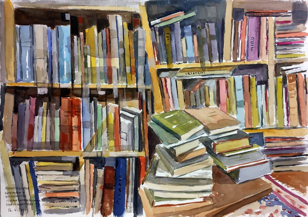 Pintura em aquarela mostra um biblioteca, com livros de diferentes cores e tamanhos