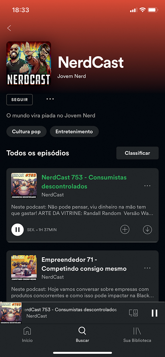 Print da tela do Spotify com os episódios do Nerdcast