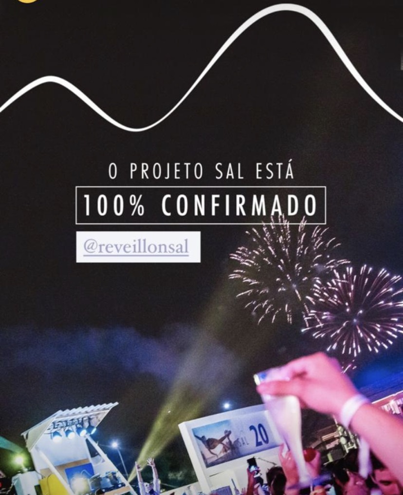 A imagem mostra o anúncio de uma festa de Réveillon com o texto "O evento está 100% confirmado"