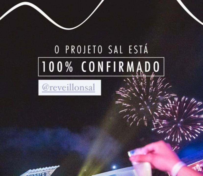 A imagem mostra o anúncio de uma festa de Réveillon com o texto "O evento está 100% confirmado"