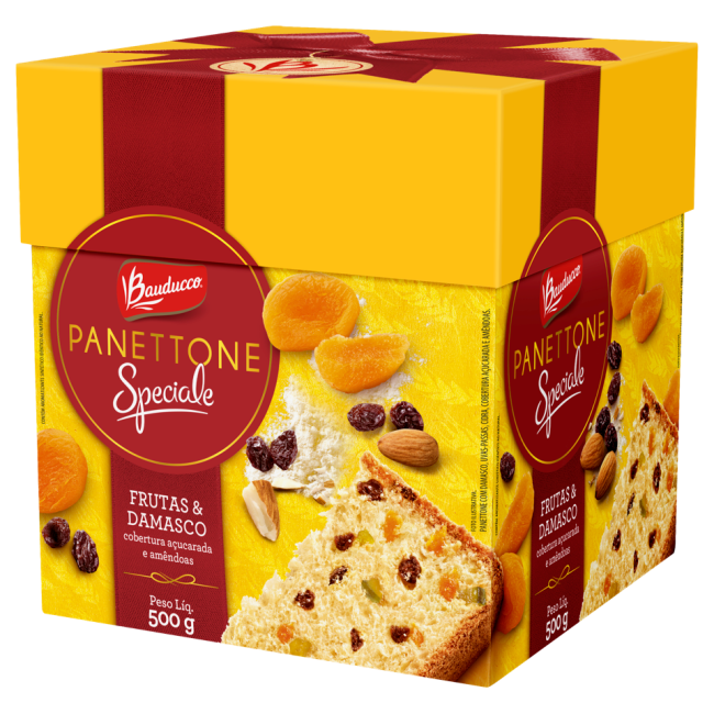 A imagem mostra um panettone da Bauducco em embalagem de papelão