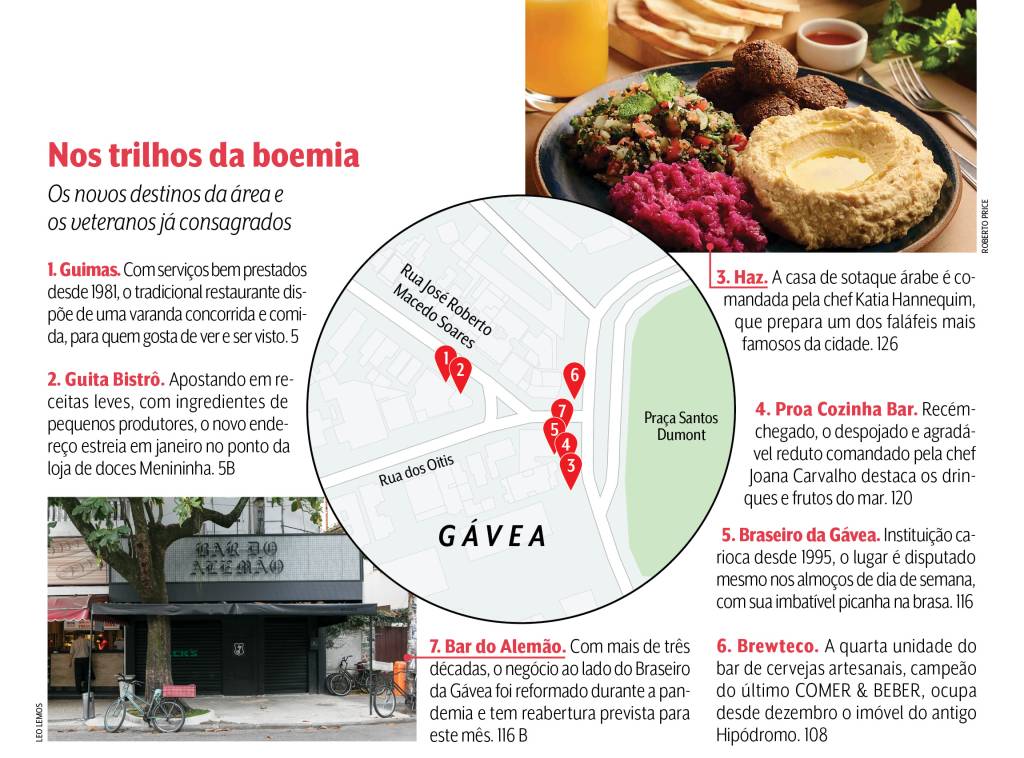 Infográfico mostrando os principais endereços de comida e de bebida do Baixo Gávea