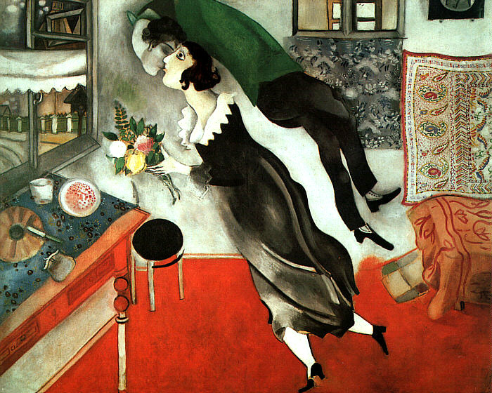 Pintura de Marc Chagall mostra casal se beijando